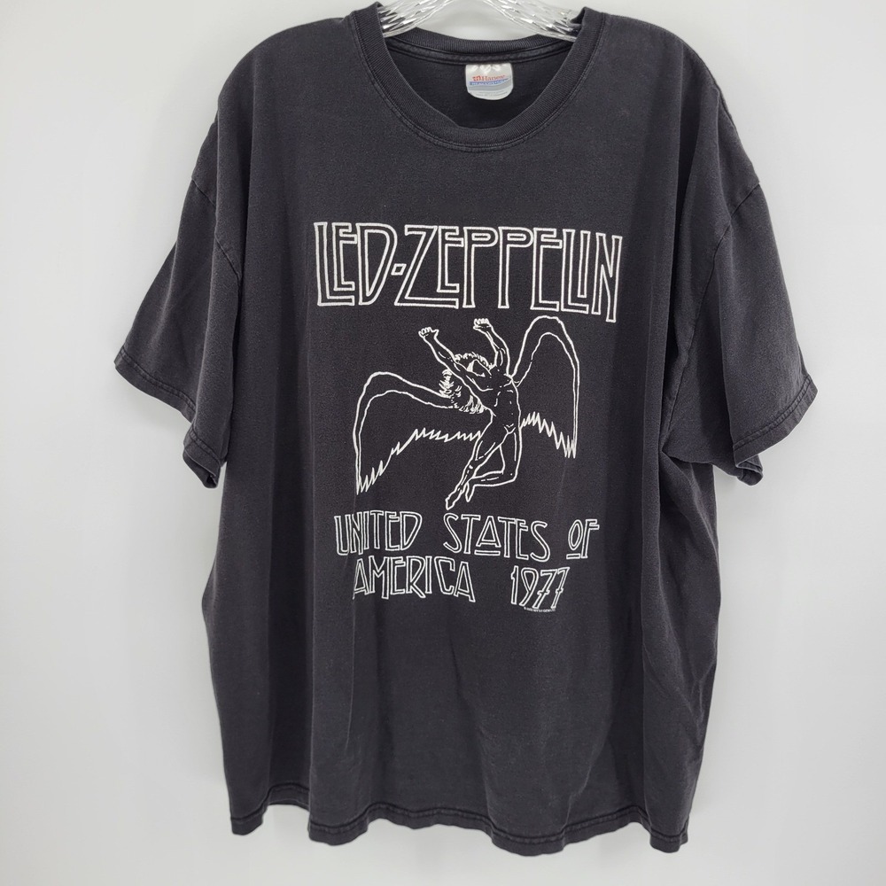 Led Zeppelin US Tour 1977 Graphic T-Shirt Charcoal Grey Hanes 2XL 2003 Myth Gem